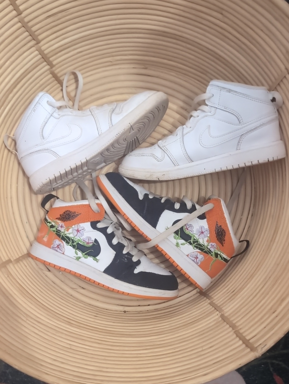 Jordan Kids High-Top Sneakers - White & Black/Orange Floral 13 And 13.5 Girl's